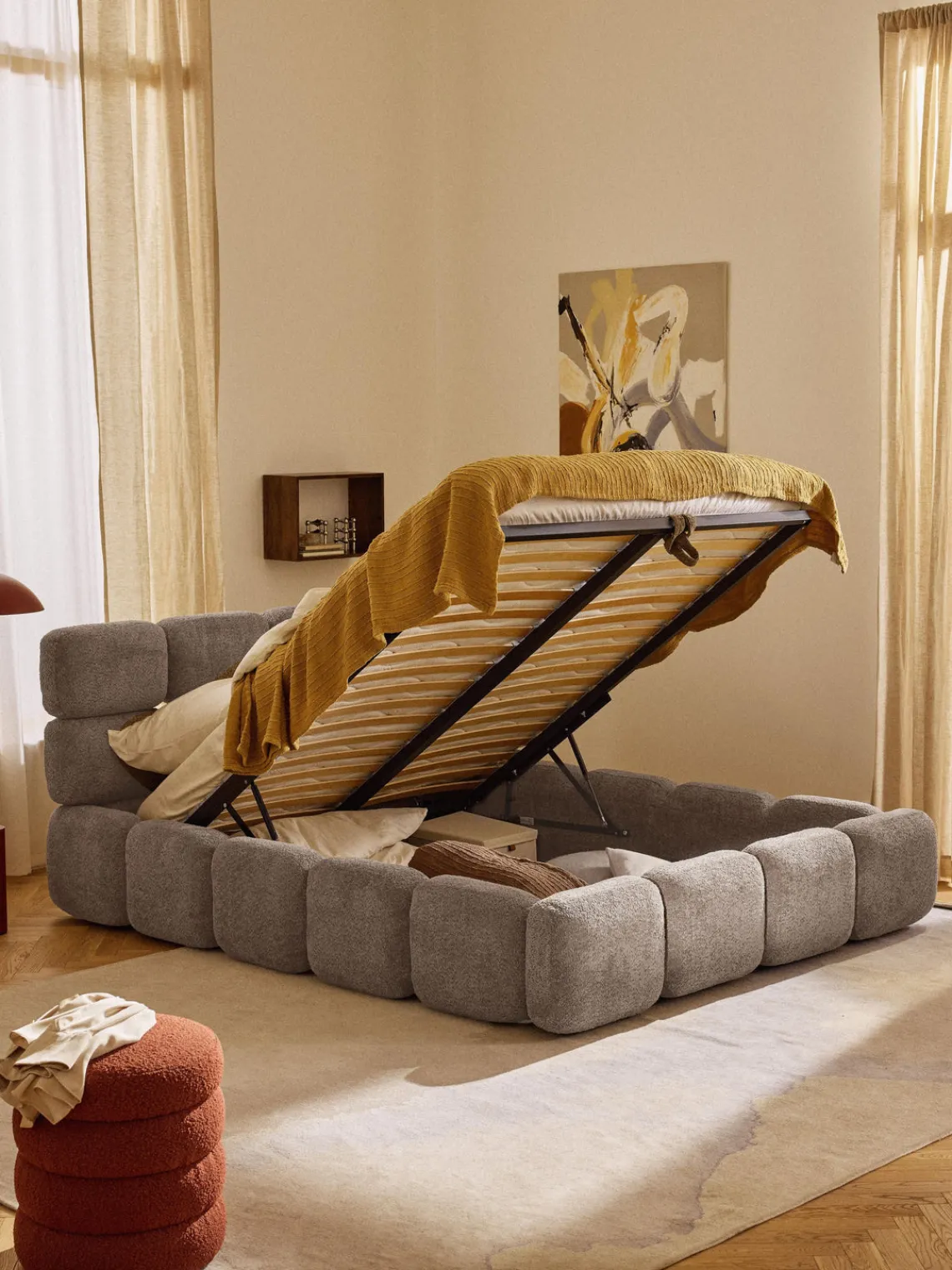 Westwing Collection Cama tapizada de boreguillo bouclé con espacio de almacenamiento Tayla