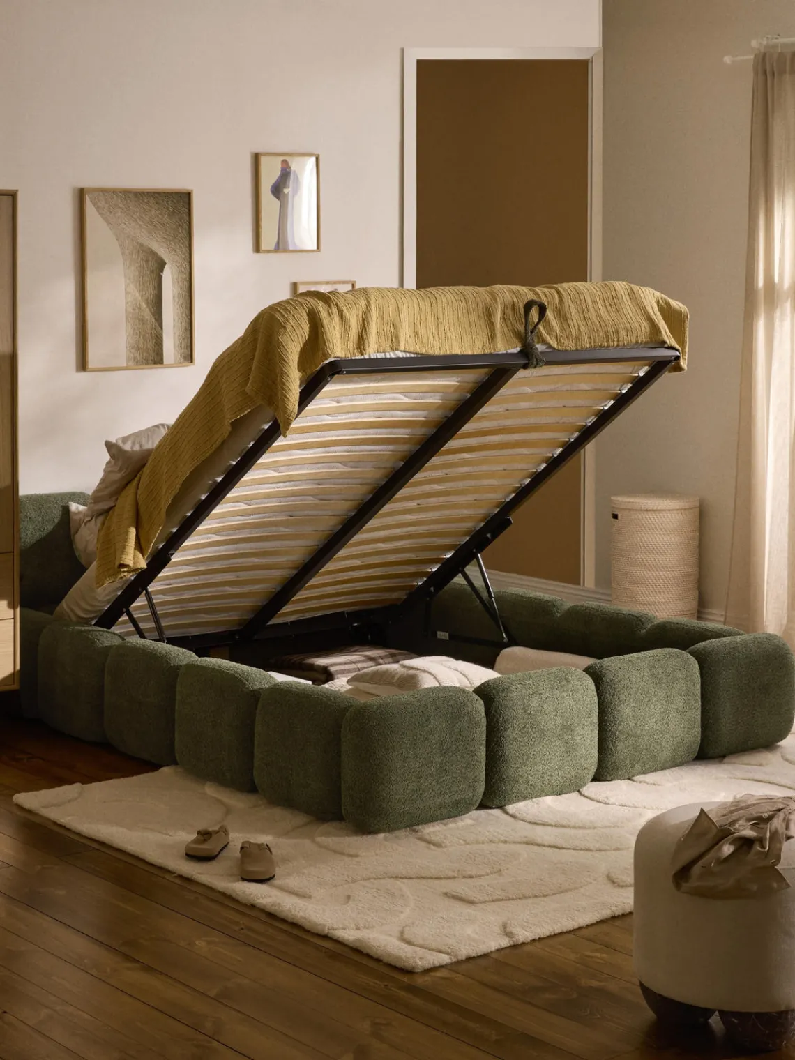 Westwing Collection Cama tapizada de boreguillo bouclé con espacio de almacenamiento Tayla^ Camas Tapizadas|Camas