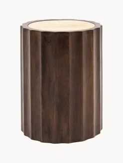 Mesa auxiliar redonda de madera de mango con tablero de travertino Cascia