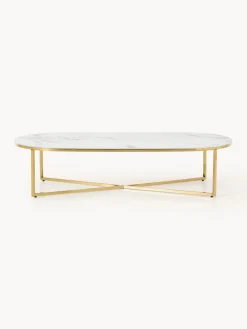 Westwing Collection Mesa de centro ovalada con tablero de vidrio en look mármol Antigua