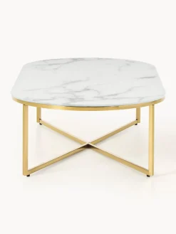 Westwing Collection Mesa de centro ovalada con tablero de vidrio en look mármol Antigua