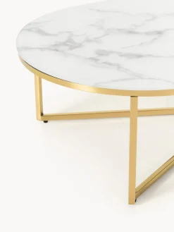 Westwing Collection Mesa de centro ovalada con tablero de vidrio en look mármol Antigua