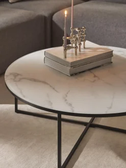 Westwing Collection Mesa de centro redonda grande con tablero de vidrio en look mármol Antigua^ Mesas De Centro|Mesas De Centro