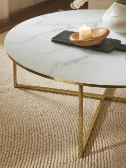 Westwing Collection Mesa de centro redonda grande con tablero de vidrio en look mármol Antigua^ Mesas De Centro|Mesas De Centro