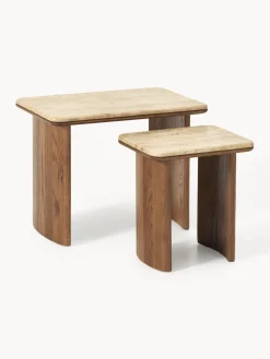 Westwing Collection Mesas auxiliares de madera de roble con tablero de travertino Chandler, 2 uds.