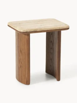 Westwing Collection Mesas auxiliares de madera de roble con tablero de travertino Chandler, 2 uds.