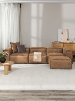 Westwing Collection Sofá rinconera modular de cuero reciclado con reposapiés izquierdo/derecho Lennon (4 plazas)^ Sofás 4 Plazas|Sofás